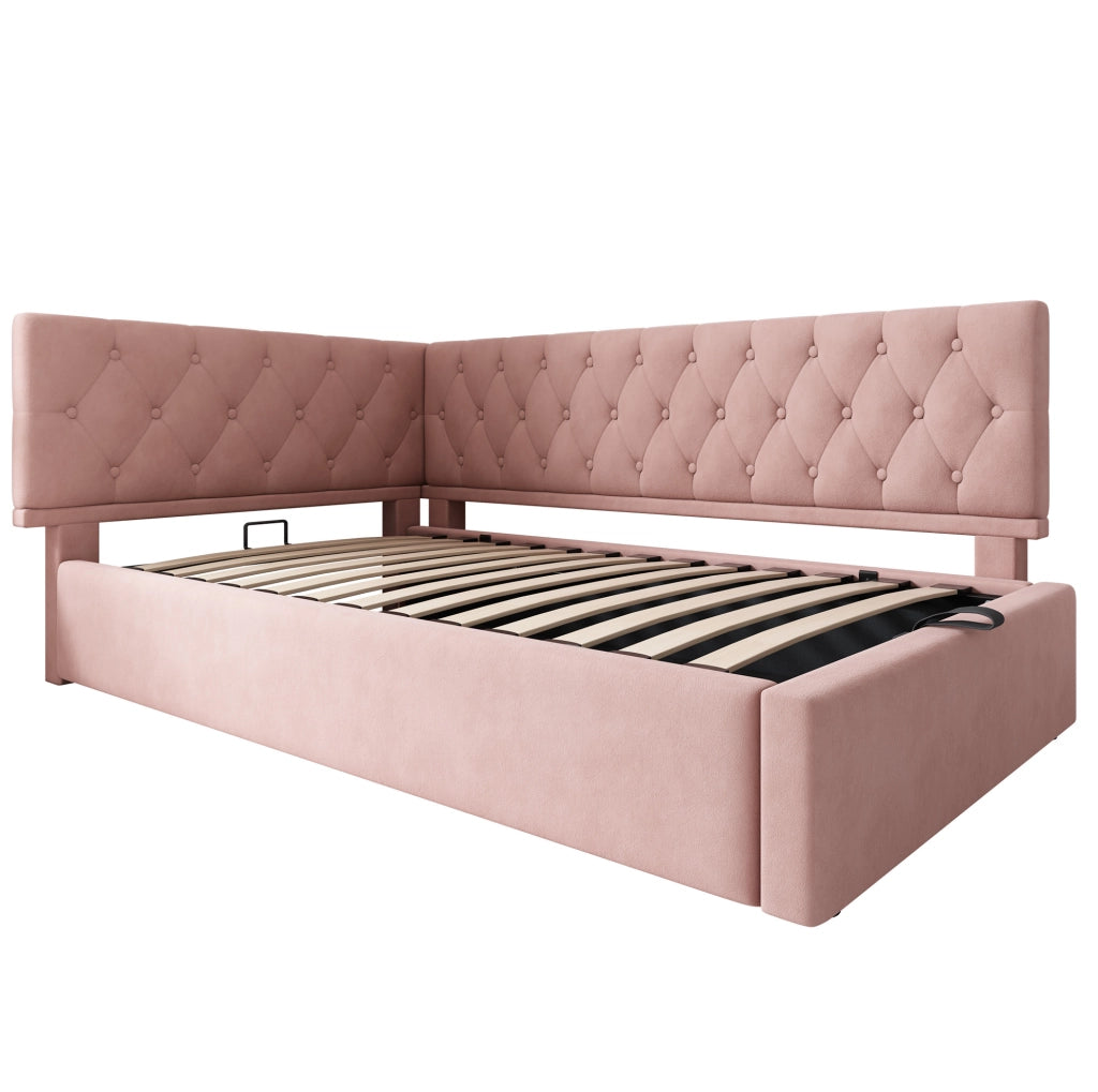 Letto imbottito 90x190 cm in velluto rosa con contenitore idraulico