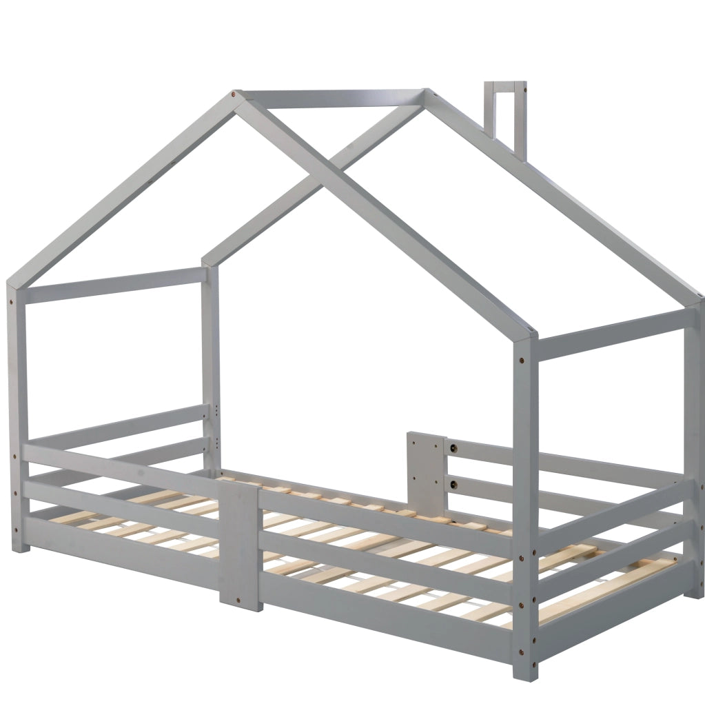 Lettino a casetta per bambini 90x200 cm in legno massello di pino; grigio