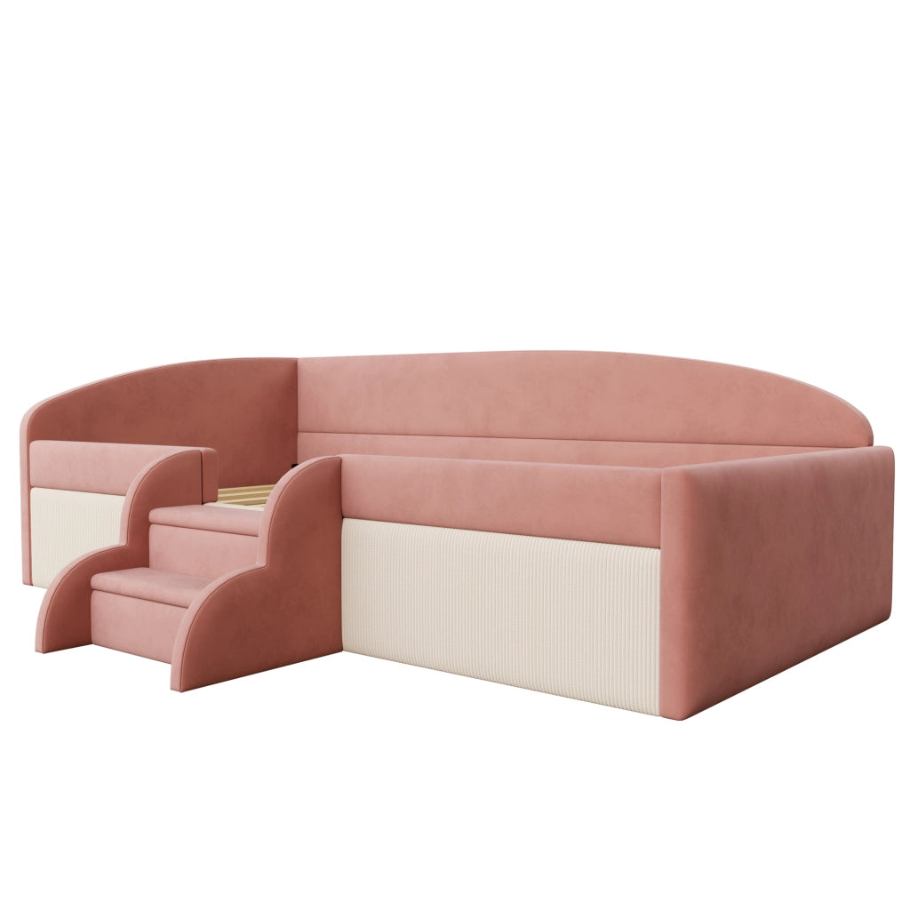 Letto per bambini 90 × 190 cm con scalini antiscivolo e sponda di sicurezza, senza materasso, velluto rosa e bianco crema