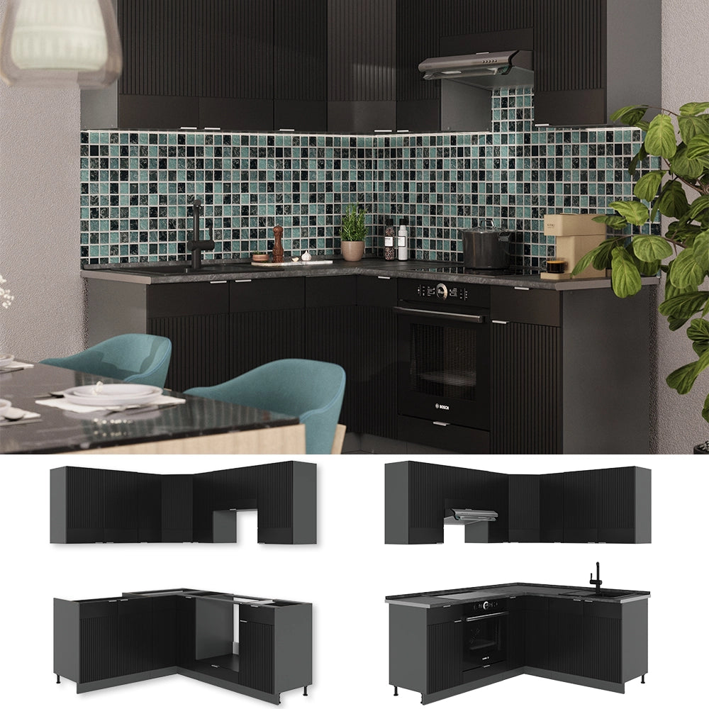 Vicco Cucina angolare completa Nero a righe/antracite 160 x 60 cm senza piano di lavoro