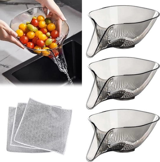 Afdruiprek multifunzionale, 3 pezzi, con treccia, 3 pezzi di asciugamani in cotone, afdruipmand per lavandino, set di filtrazione stabile, per verdure, frutta, lavandino