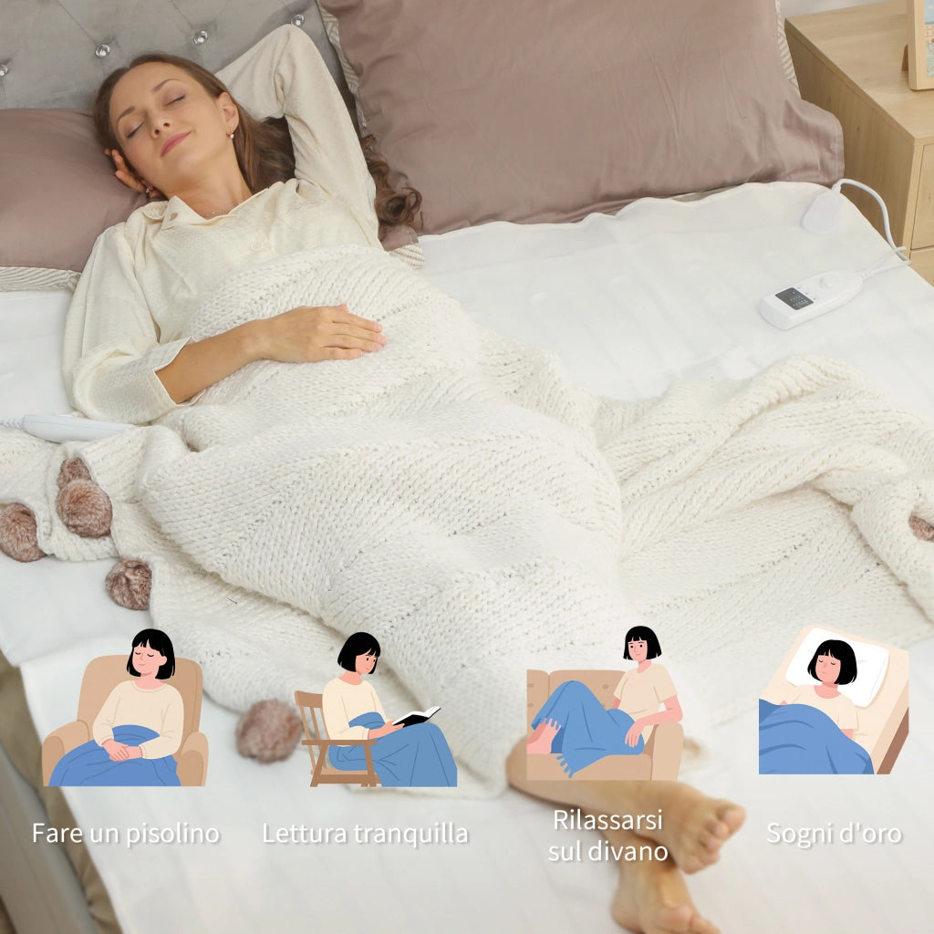 Coperta Elettrica 160x140 cm con 5 Livelli di Calore e 2 Zone di Controllo Indipendenti in Poliestere Bianco