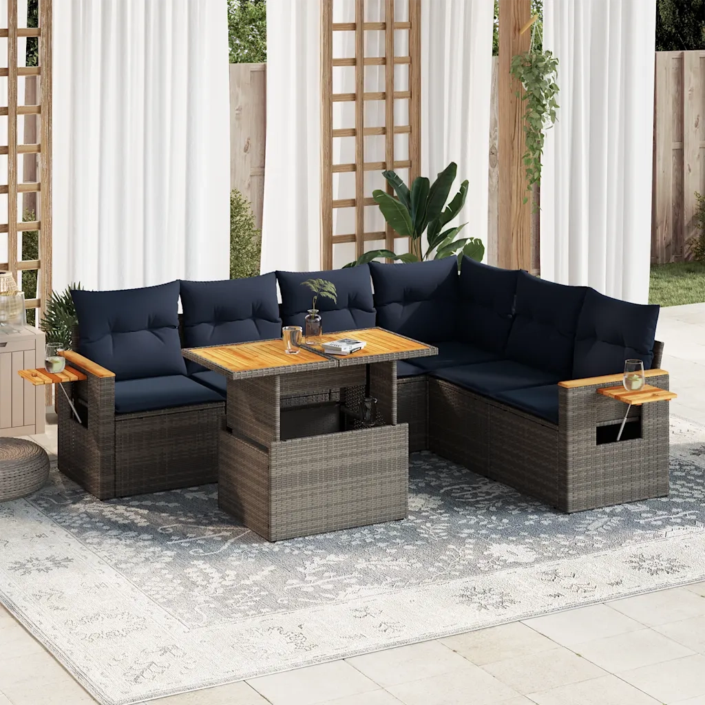 Set Divani da Giardino 7pz con Cuscini Grigio Polyrattan Acacia
