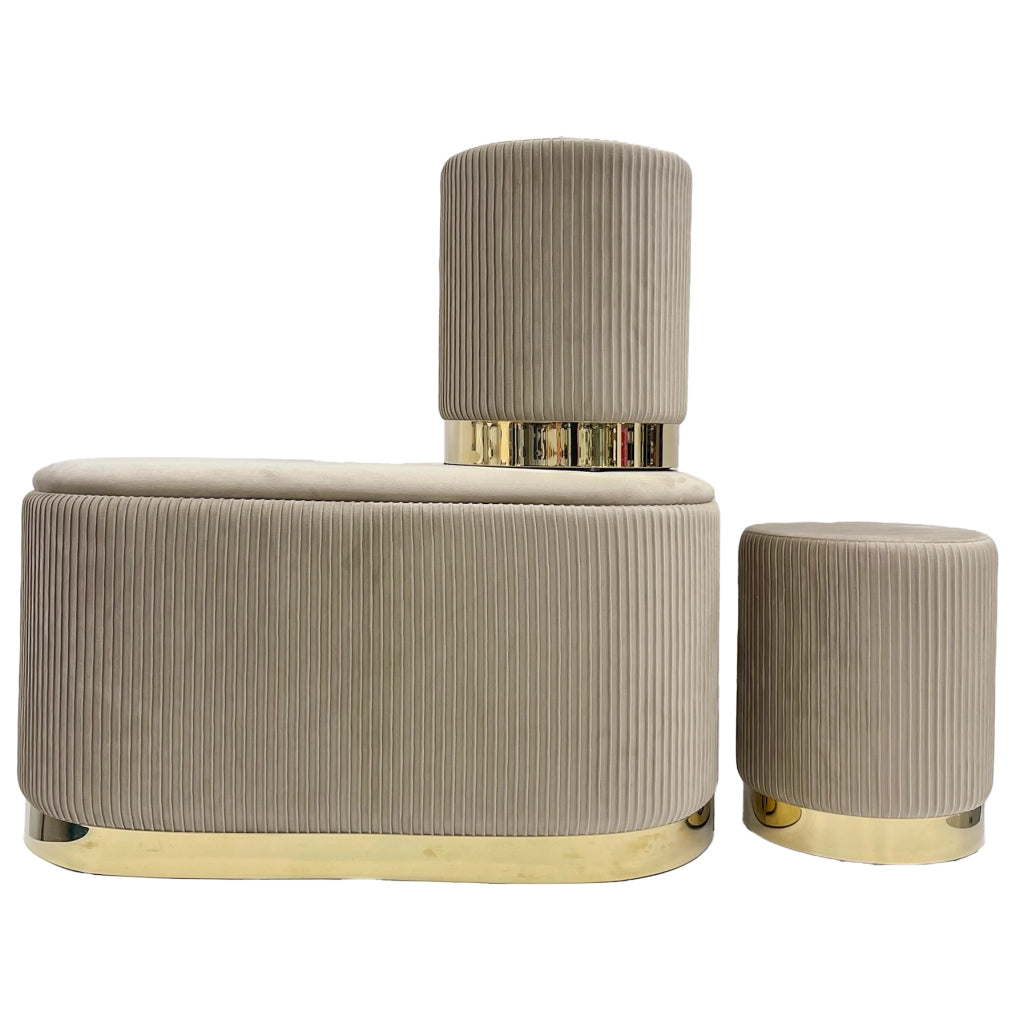 Set 3 Pouf in Velluto – Panca Contenitore Grande Con Cuscino 42x80 cm + 2 Pouf Piccoli 29x35 cm, Design Moderno Elegante, Poggiapiedi e Seduta Aggiuntiva Tortora