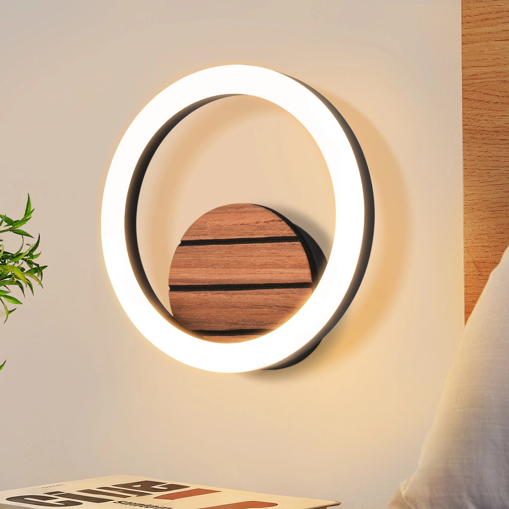 ZMH Lampada da Parete LED Interni 20cm Moderna Rotonda 6W 3000K Legno Effetto Indiretta per Corridoio Soggiorno Camera