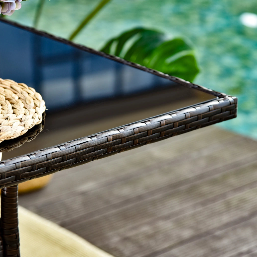 Tavolo da giardino in polyrattan con piano in vetro di sicurezza marrone per interno ed esterno 74 × 150 × 85 cm