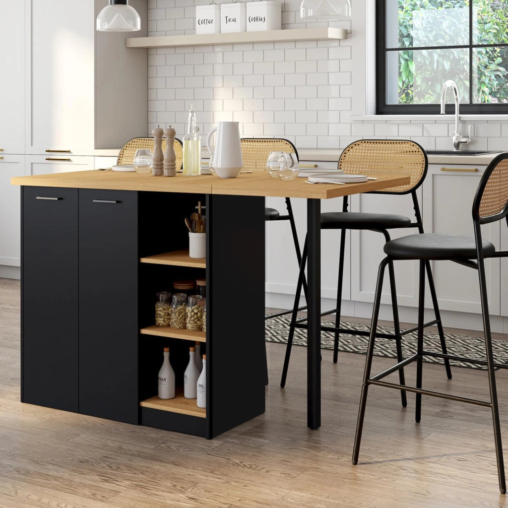 Isola centrale CESAR 140 cm in legno nero con piano di lavoro effetto faggio