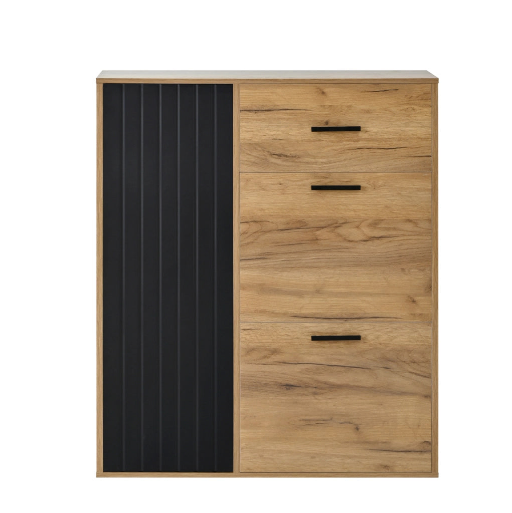 Mobile portascarpe con cassetto e 3 ante; ripiani regolabili; 80x24x95;5 cm; nero e naturale