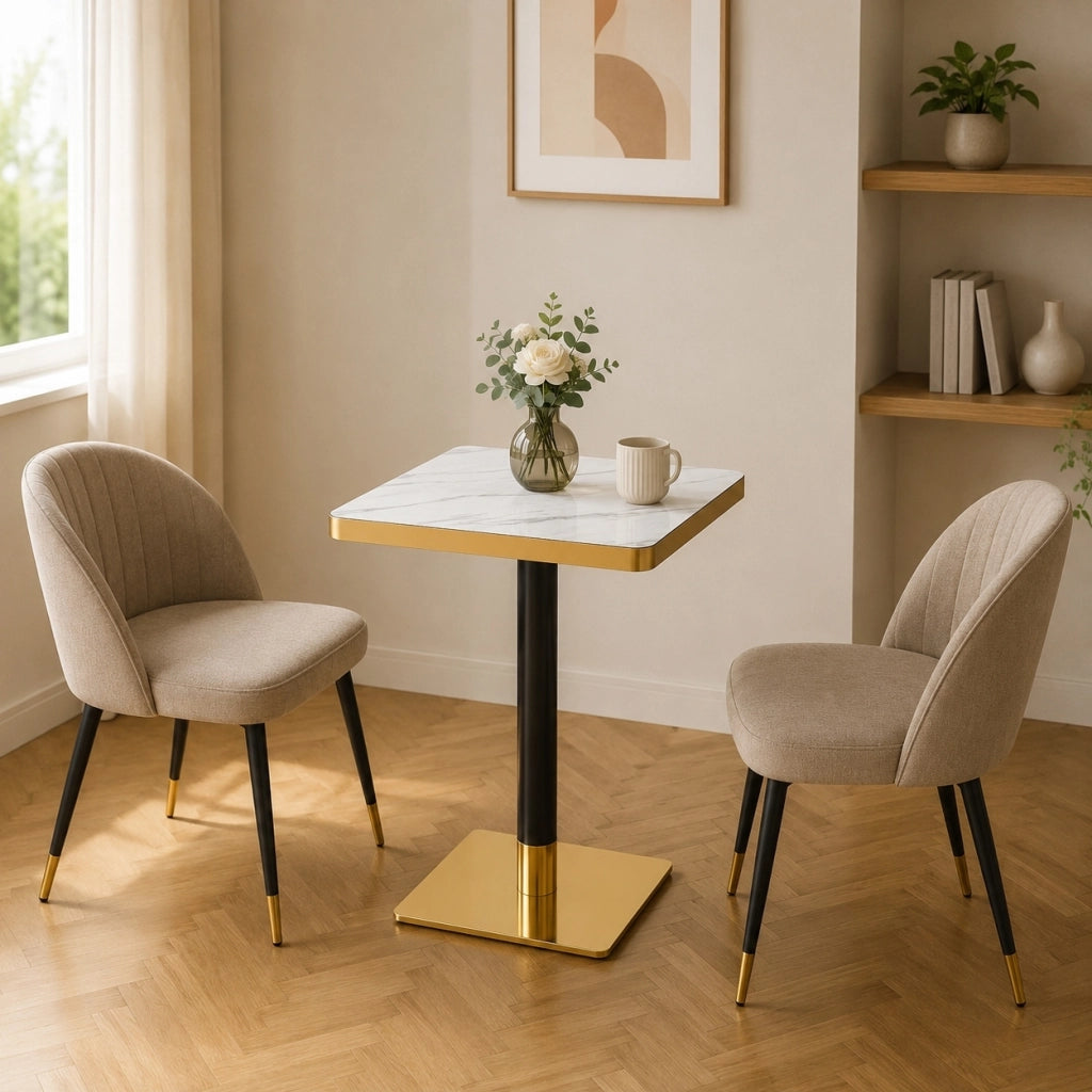 Tavolo quadrato da pranzo 60x60 cm in MDF effetto marmo bianco con gambe in metallo