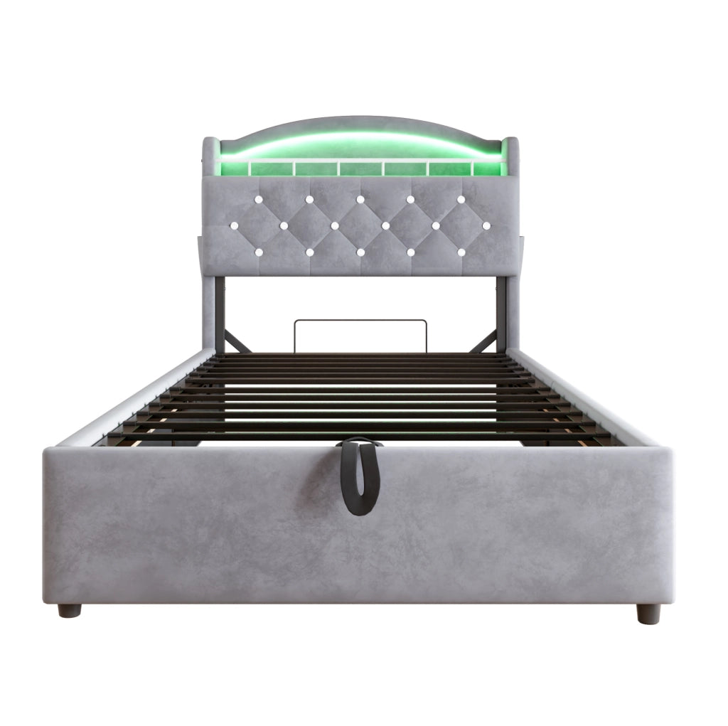 Letto imbottito per bambini 90x200 cm grigio con LED, USB-C e vano contenitore