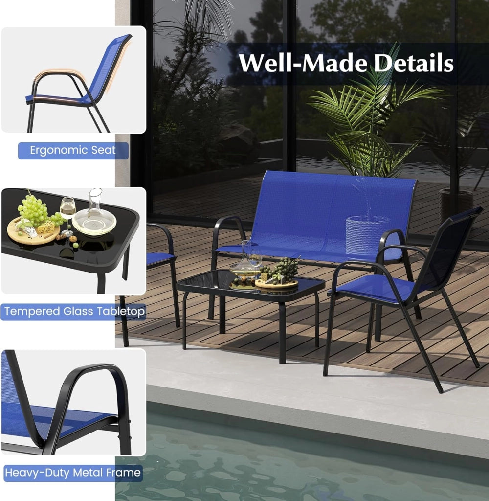 Set di 4 mobili da giardino per esterni, set di mobili da giardino, mobili da balcone, per terrazze, esterni, con tavolino da caffè e panca da giardino e 2 sedie da pranzo, set per 4 persone