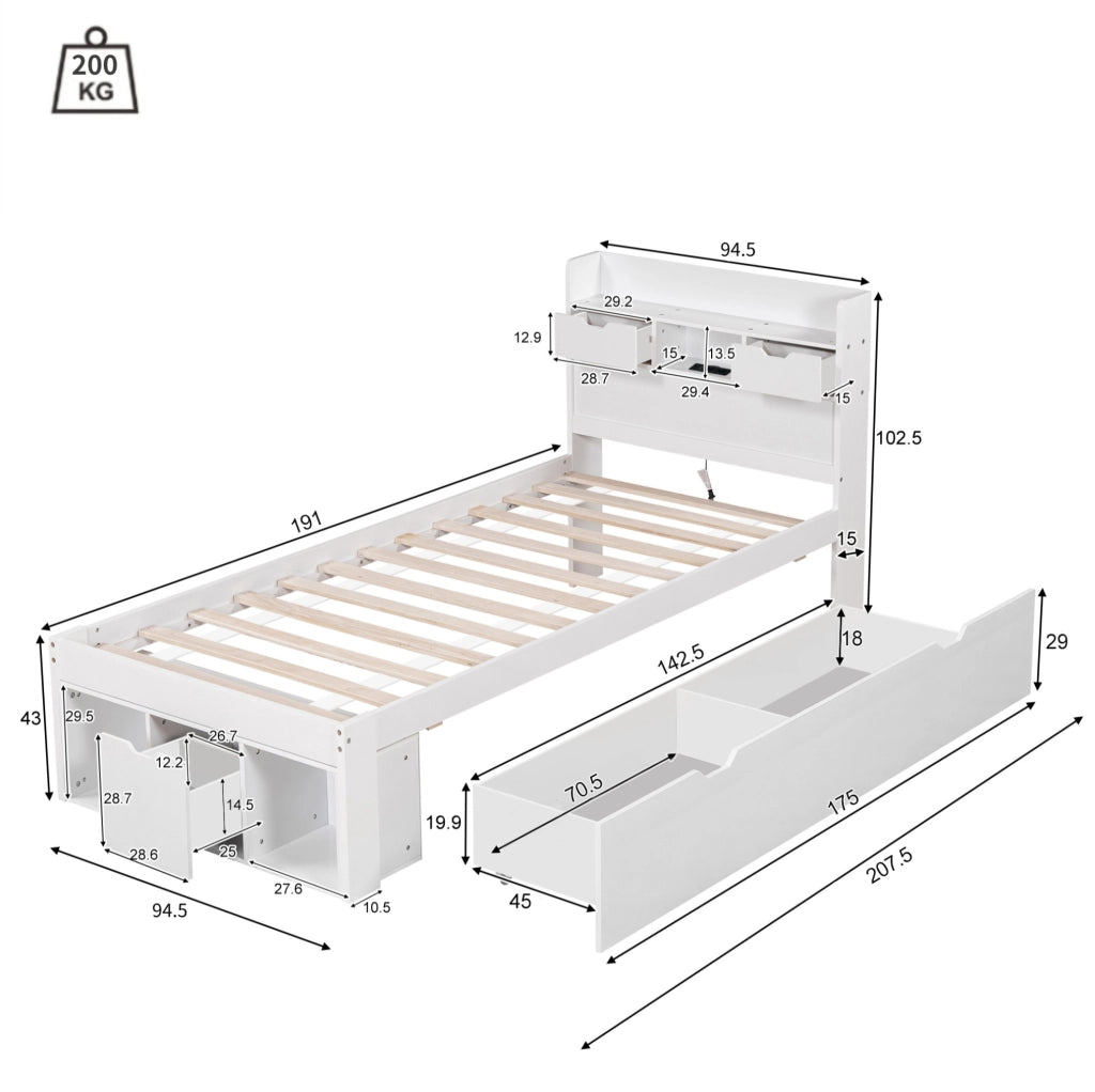 Letto singolo multifunzione 90x190 cm con porta USB e prese; bianco in MDF