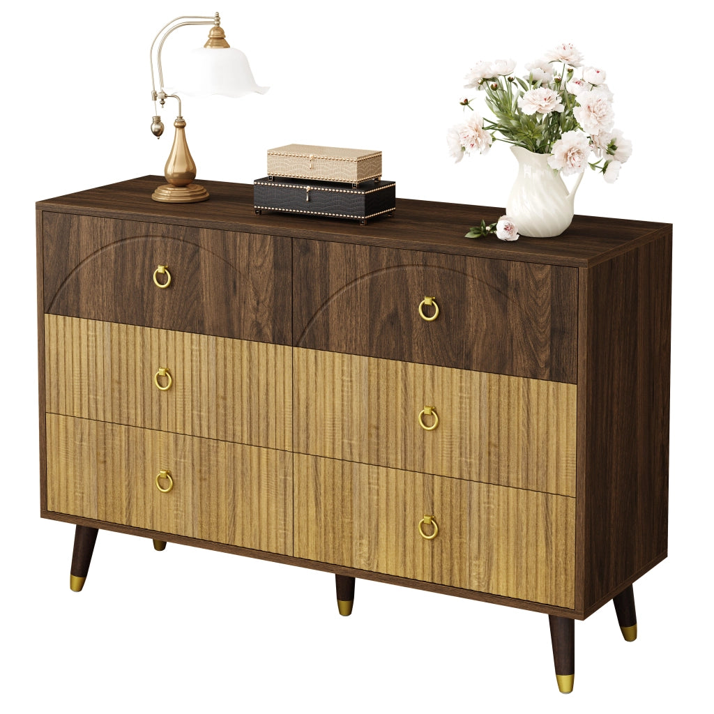 Credenza con 6 Cassetti; Maniglie ad Anello in Metallo Dorato; Stile Vintage; in MDF; 120??40??81 cm; Naturale