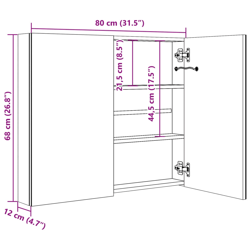 Armadietto Bagno con Specchio e LED Bianco e Rovere 80x12x68 cm cod mxl 69081
