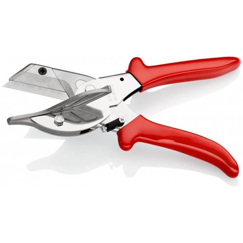 KNIPEX 94 35 215 Cesoia per Cornici e Profili in Resina Sintetica e Gomma Lunghezza Totale 215 mm Portalama Intercambiabile con Aletta di Guida per Tagli a 45° 60° 75° 90° colore Cromata