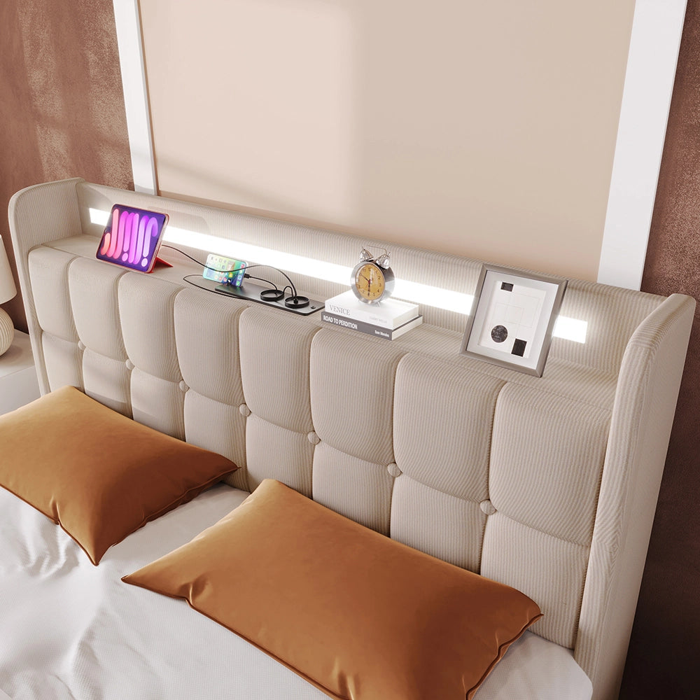 Letto imbottito con testiera e illuminazione LED - Xylo - 160x200 cm - Grigio - USB, 4 cassetti