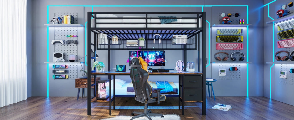 DESMIU Letto a Soppalco Matrimoniale con Scrivania, Cassetti, Mensole, LED Regolabile e USB 140 × 200 cm senza Materasso