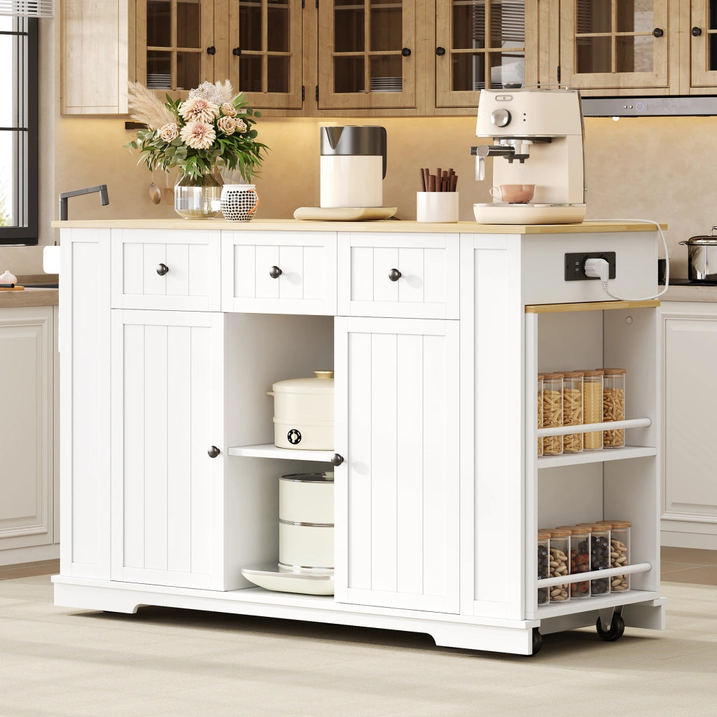 Isola da Cucina Mobile 138/213x55x93 cm con Tavolo Estensibile; 7 Ruote; 2 Prese; 2 USB e Cassetti