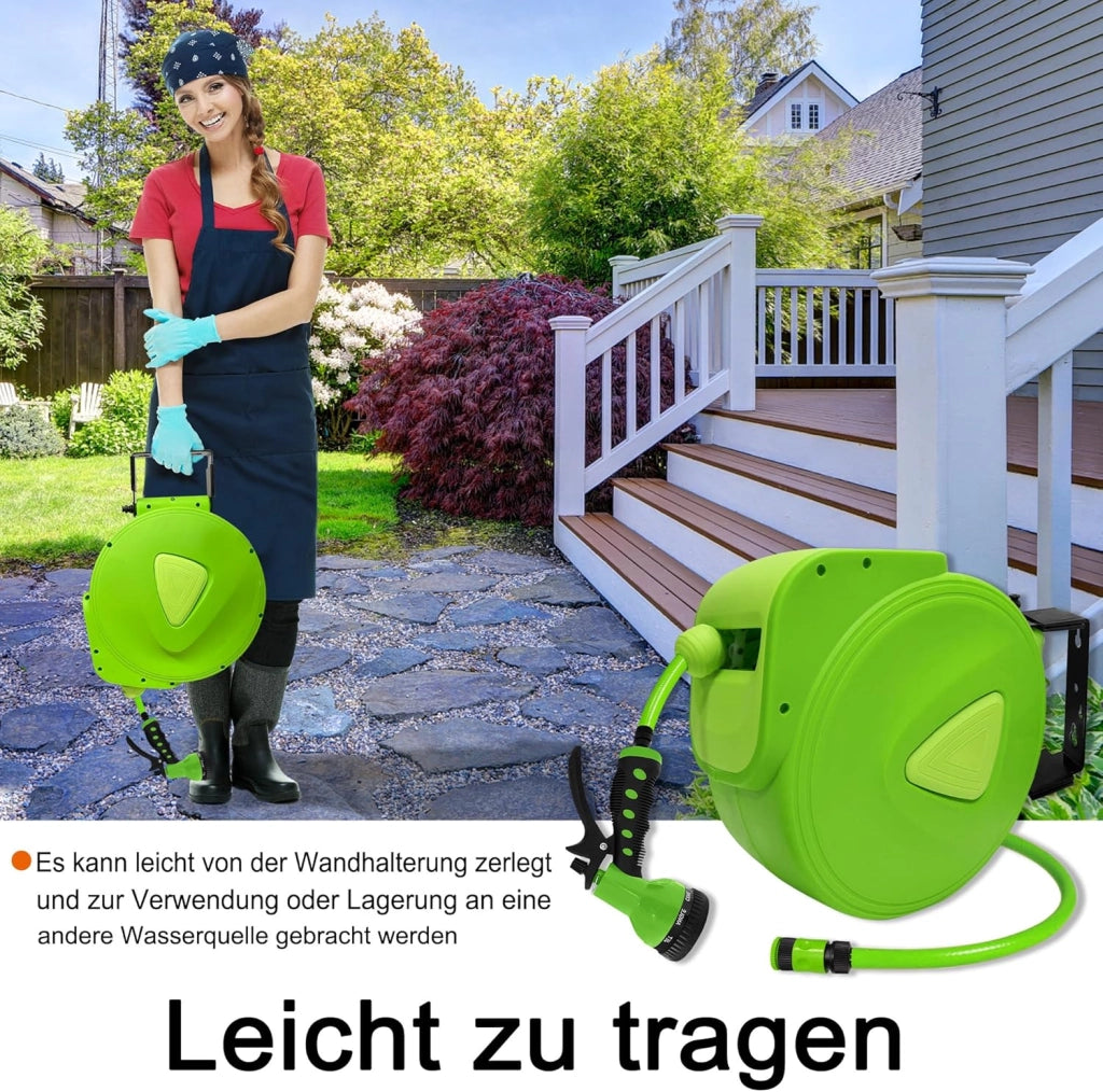 Avvolgitubo da giardino, 20 m, avvolgitubo da 3/4 pollici, con doccetta multifunzione, rullo girevole a 180°, con sfera di arresto, colore verde