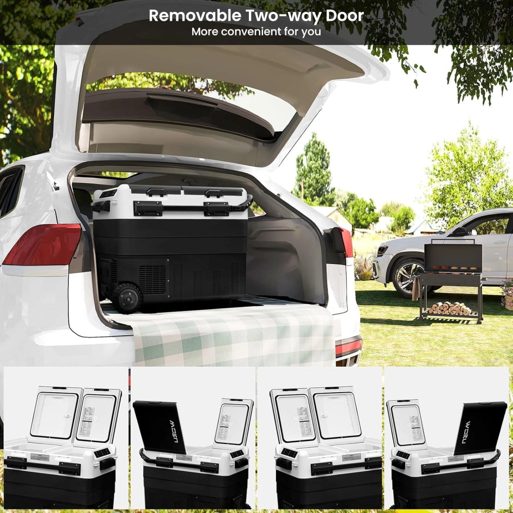 Frigorifero Piccolo per Auto da 50L, Mini Frigo Portatile con Congelatore Piccolo, Frigorifero a Compressore 12V 24V DC, Minifrigo per Campeggio, Viaggio, Auto, Barca, Nero+Bianco