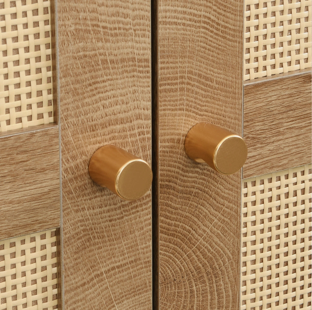 Armadio ULEVR 80x50x180 cm con ante effetto rattan, barra appendiabiti, ripiani e 2 cassetti, noce naturale