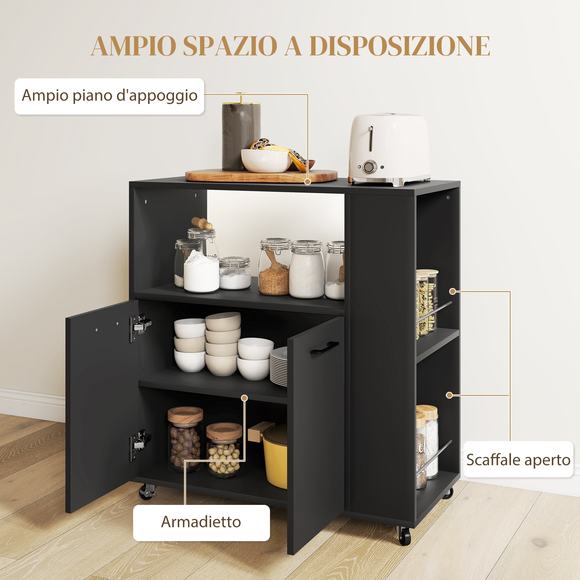 Carrello Cucina 75x40x80,5 cm con Ripiano Aperto Armadietto e Scaffale Laterale in Legno Nero