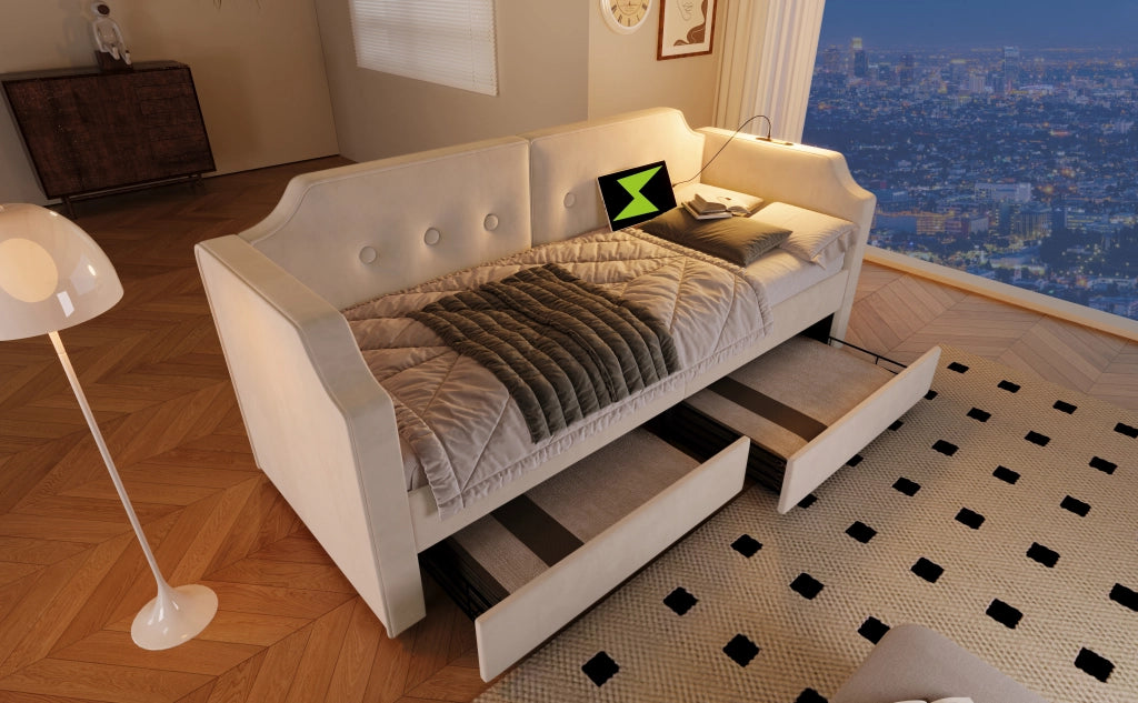Letto imbottito 90x200 cm in velluto beige con USB Type-C, luce da lettura e 2 cassetti contenitore