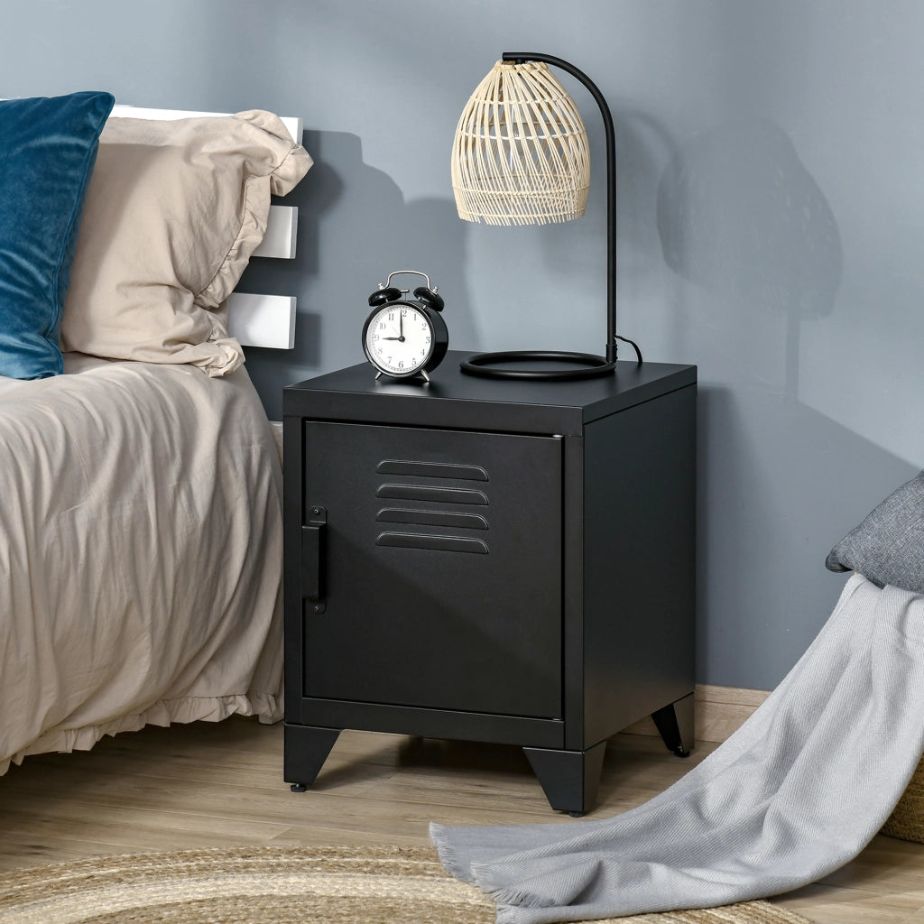 Comodino in metallo con ripiano regolabile e anta a persiana per camera da letto soggiorno ufficio, nero 40 × 40 × 50 cm