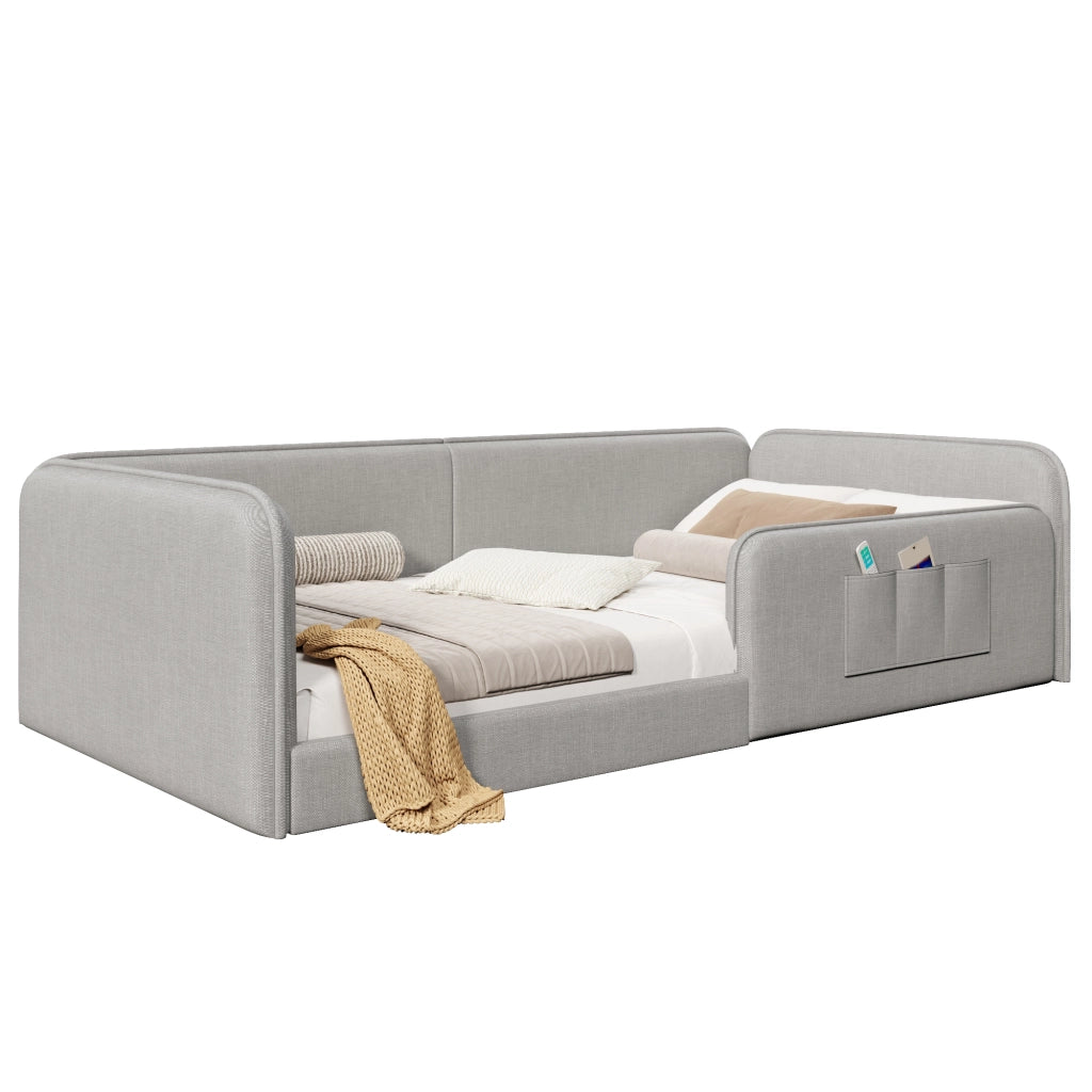 Letto singolo 90x200 cm in lino grigio con imbottitura in schiuma e tasche laterali