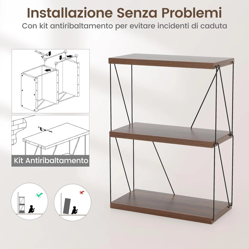 Scaffale Multiuso a 2/3/4/5 Ripiani, Libreria Autoportante con Struttura in Metallo, Stile Industriale, per Camera da Letto, Soggiorno Ufficio Studio (3 Livelli 61x29,5x82cm)