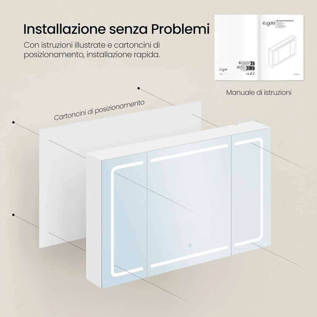 Mobile Bagno con Specchio e Luce, Armadietto Bagno a 3 Porte con Ripiani Regolabili, Ganci e Prese, Luce Tattile a 3 Colori, per Appartamento, Bianco, 100x14,5x60 cm, Nordico