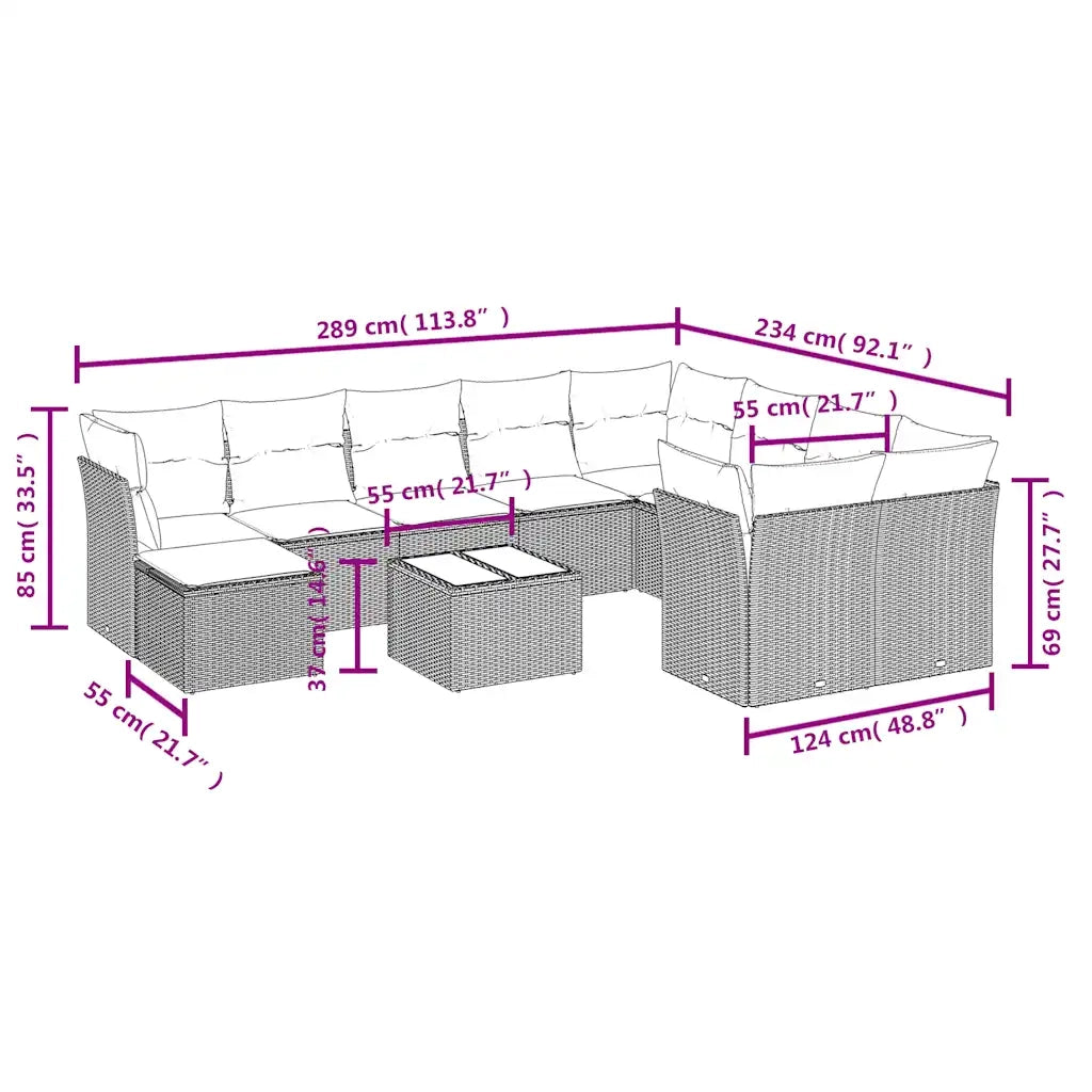Set Divani da Giardino 11 pz con Cuscini Polyrattan Marrone 3218603
