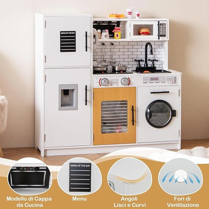 Cucina Giocattolo per Bambini, Cucina Legno per Bambini con Forno, Microonde, Lavatrice, Telefono, Lavello Rimovibile e Rubinetto Rotante, con Luci e Suoni, per Bambini di 3+ Anni (Bianco)