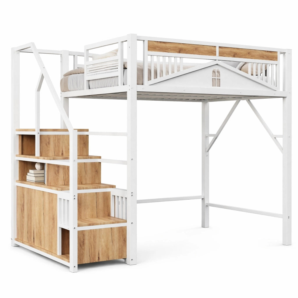 DESMIU Letto a soppalco 140 × 200 cm 2 posti con scala, vano contenitore, senza materasso, in metallo e legno, bianco