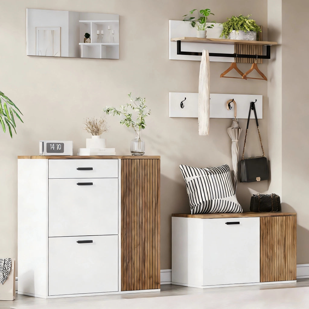 Composizione ingresso 5 pezzi con scarpiera; panca; specchio e 4 ganci; bianco e rovere