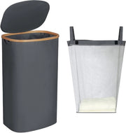 Wastino con coperchio 110L, grande contenitore per bucato con maniglia in bambù e sacchetto per bucato rimovibile, cestino per bucato pieghevole con coperchio (grigio)