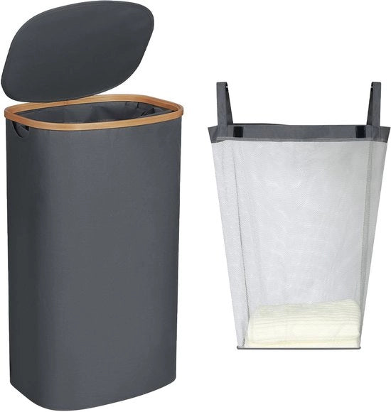Wastino con coperchio 110L, grande contenitore per bucato con maniglia in bambù e sacchetto per bucato rimovibile, cestino per bucato pieghevole con coperchio (grigio)
