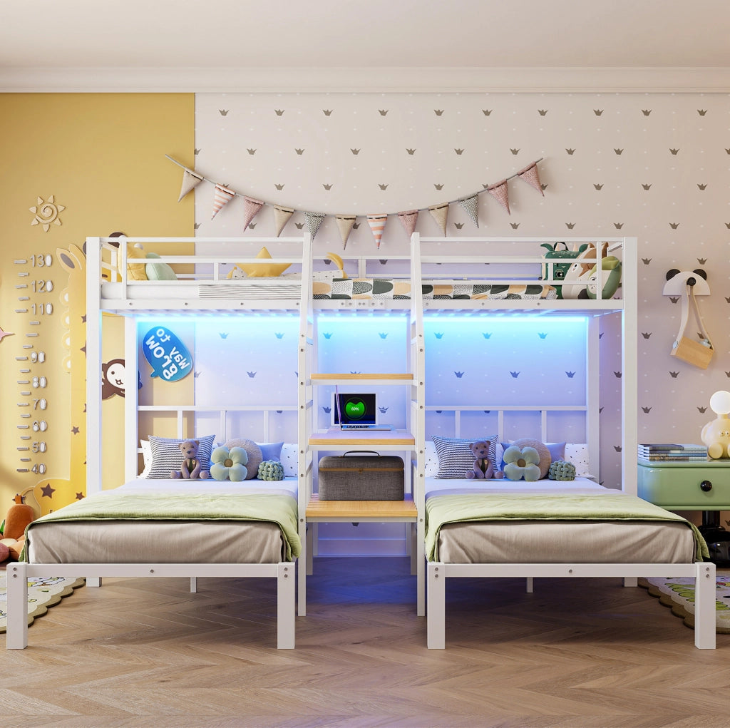 Letto a castello 90x200 cm con LED; scrivania e scala con contenitore in metallo e MDF
