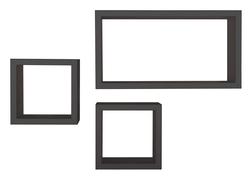 Set 3 Mensole Cubo da Parete Quadrato e Rettangolare in Fibra di Legno Tribù Nero