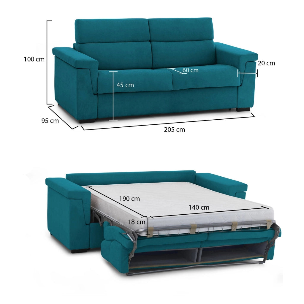 Brusasco, Divano Letto 2 Posti Sfoderabile Made in Italy, 205x95 cm Azzurro