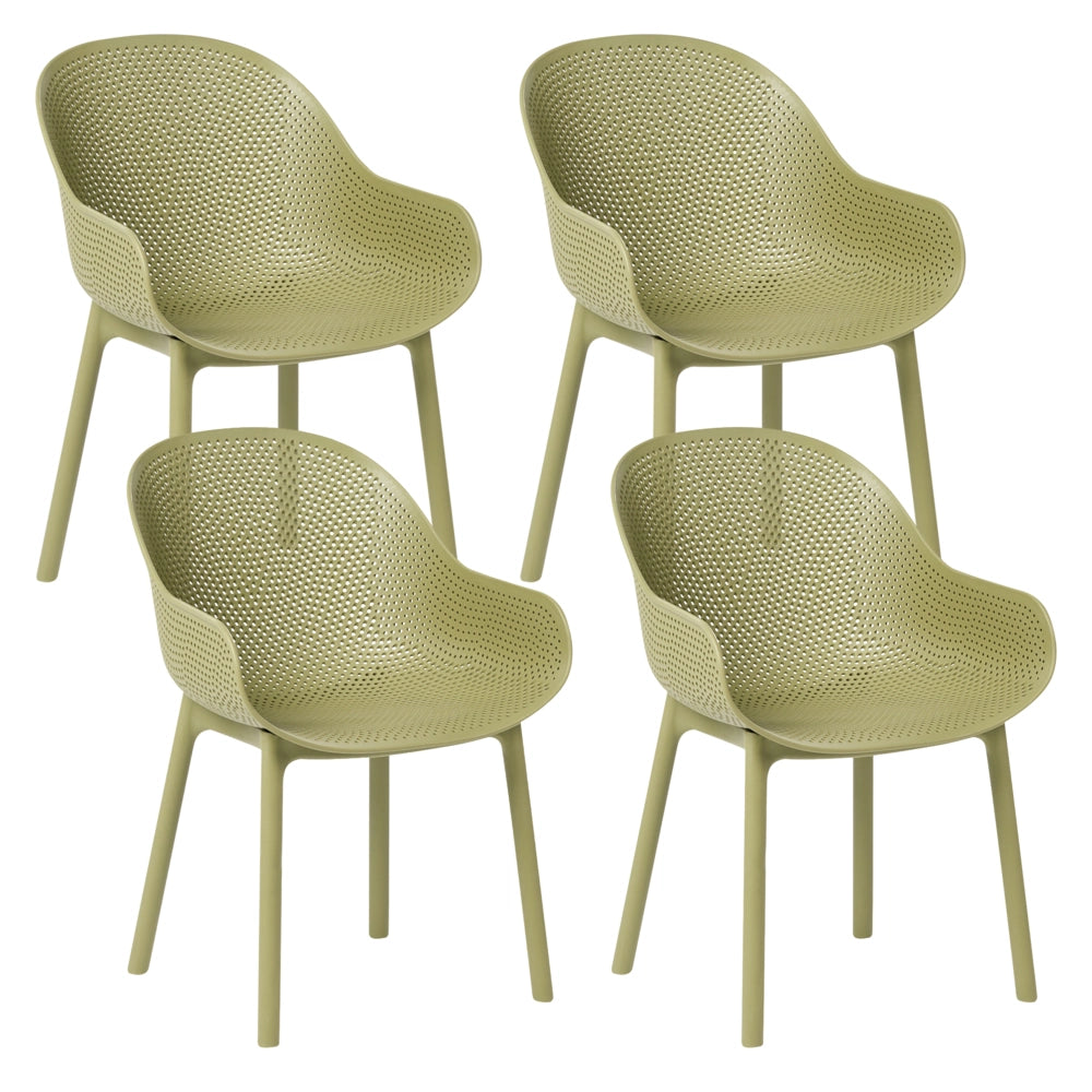 Set di 4 sedie da giardino in plastica verde oliva per interni ed esterni con braccioli, stile moderno e minimalista