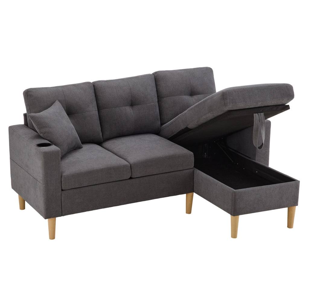 Divano angolare con chaise longue reversibile; contenitore; porta bicchieri e 2 cuscini; 175 cm; grigio scuro
