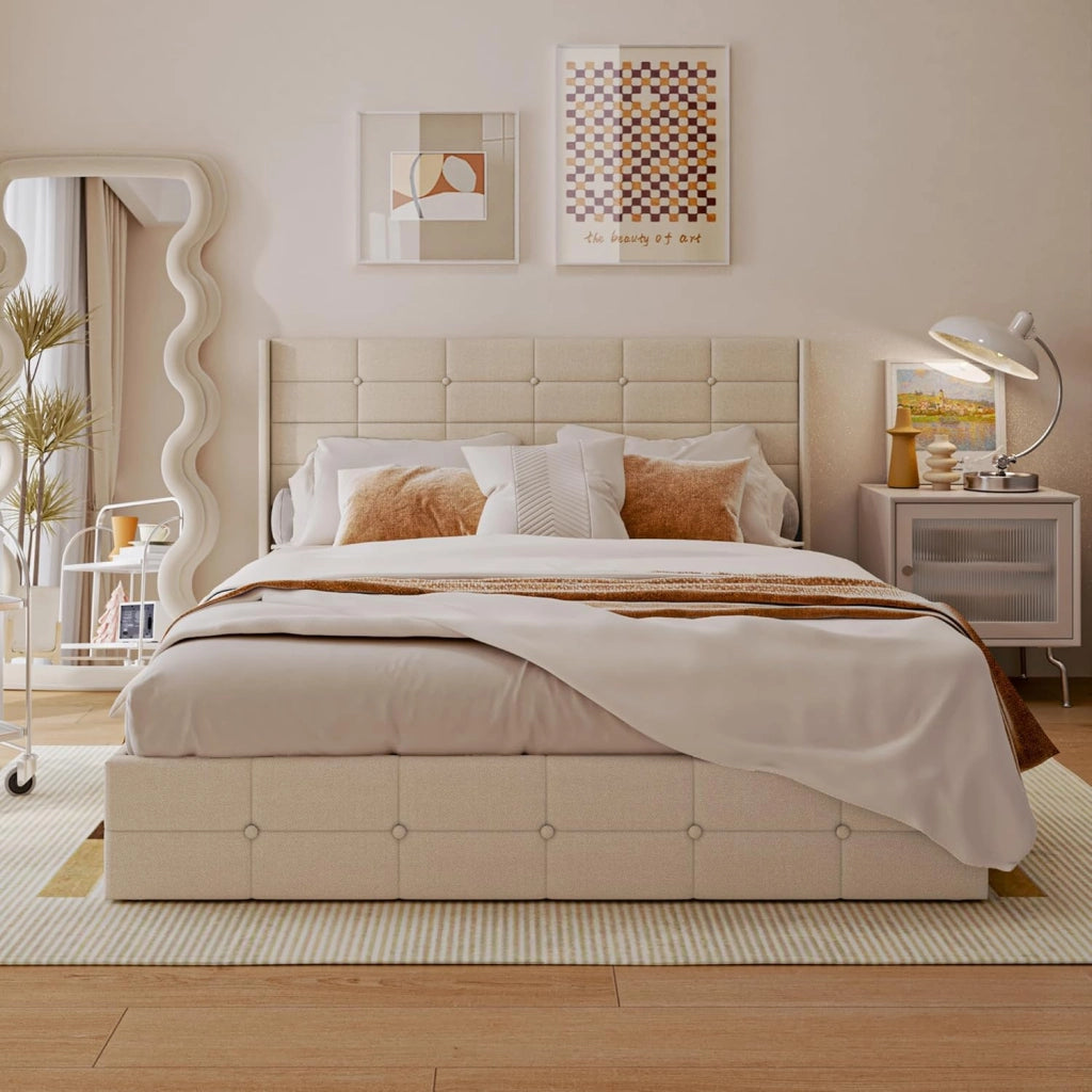 Letto contenitore idraulico 160X200CM, letto matrimoniale imbottito con testiera e contenitore, giroletto con rete a doghe, letto per ragazzi, senza materasso,Beige
