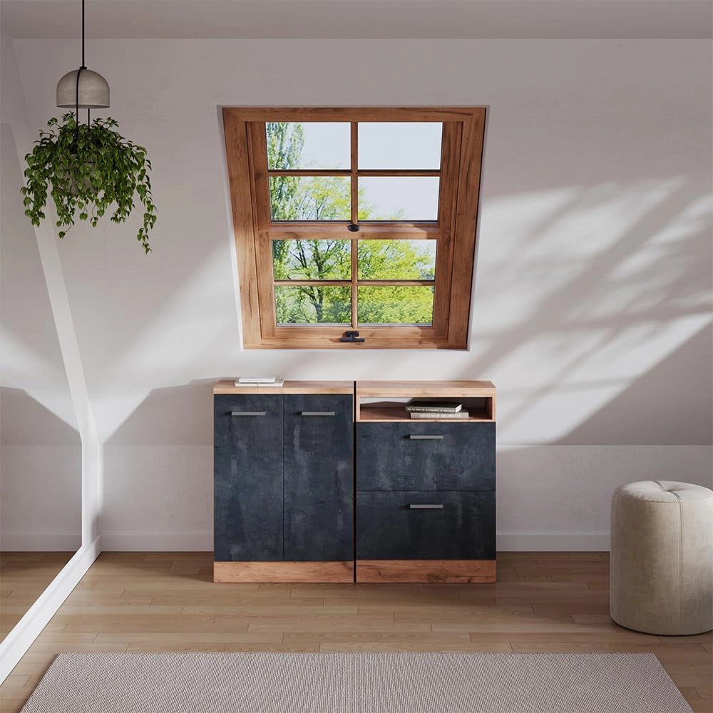 Set di mobili sottotetto Rion, Calcestruzzo nero, 120 cm Set di 2 carcasse armadio profondità 60 cm, adatto per il salvaspazio sotto tetti spioventi
