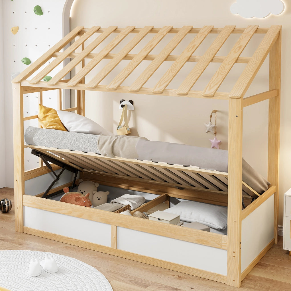 Letto per bambini 90x200 cm con contenitore idraulico e vani laterali in legno bianco e colore naturale