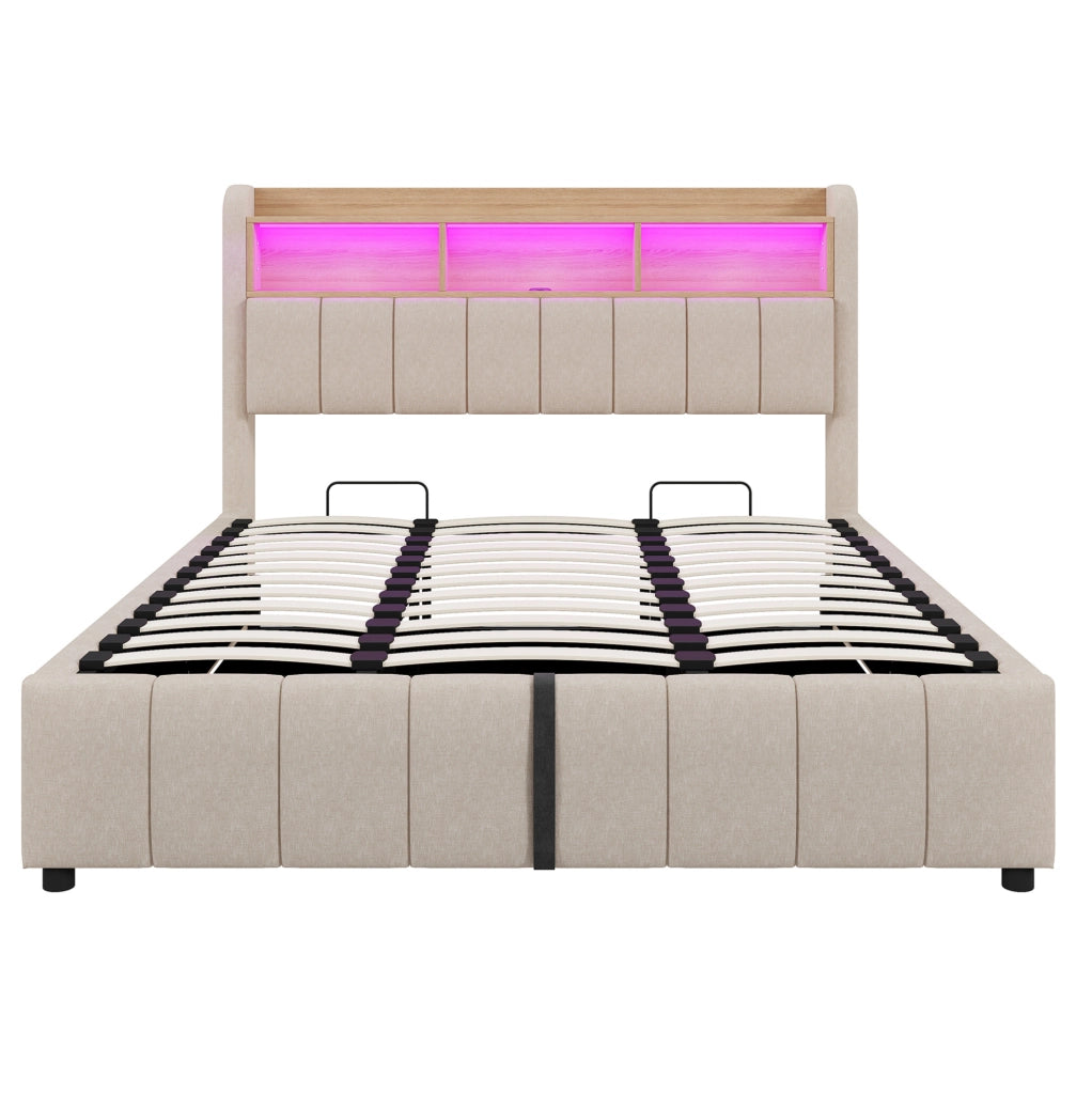 Letto matrimoniale imbottito 180x200 cm con LED; USB e contenitore; in lino beige