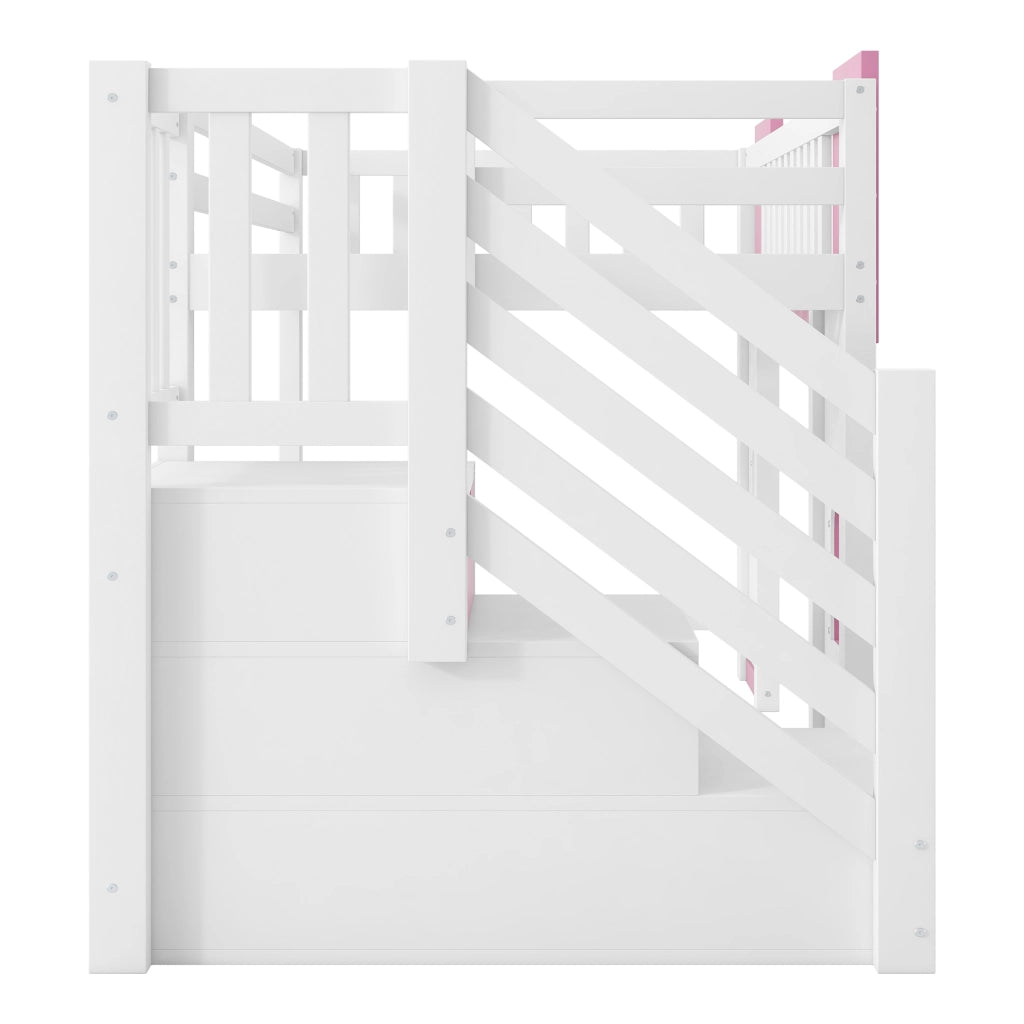 LETTO A SOPPALCO con scala contenitore e finestre 90x200 cm bianco e rosa