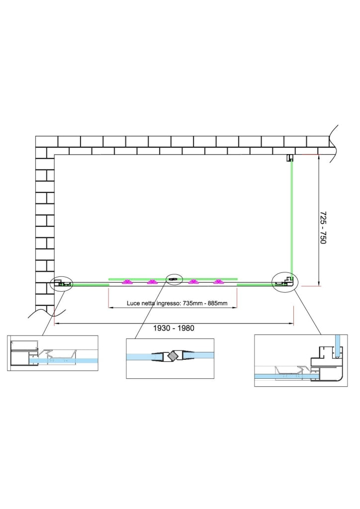 Box doccia 6 mm H 190 parete fissa e porta a 4 ante con apertura centrale MISURA 72,5-75 ANTA FISSA + PORTA 193-198