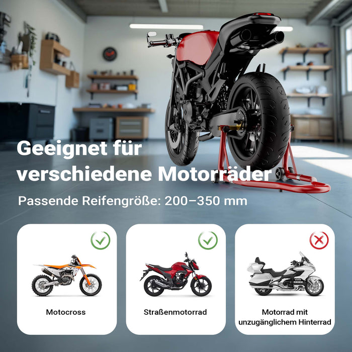 Cavalletto alzamoto posteriore sotto forcella, max 450 kg, con rotelle, per ruote posteriori