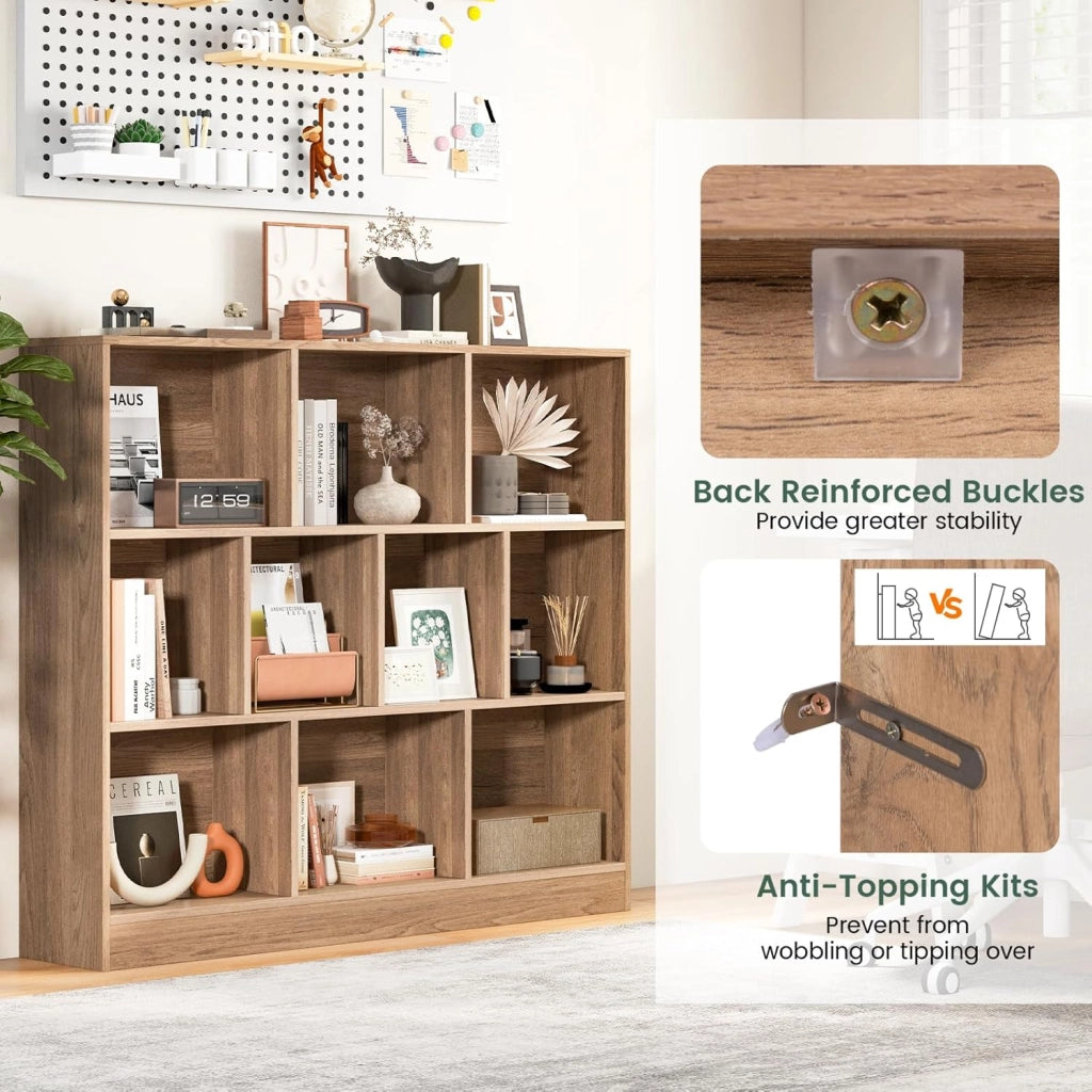 Libreria Aperta con 10 Scomparti, Libreria a 3 Livelli con Dispositivo Antiribaltamento, Mobile di Stoccaggio, Scaffale per Soggiorno, Ufficio (Naturale, 120 x 24 x 104 cm)